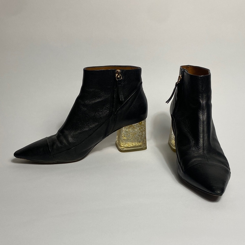 ZARA Pointed Real LEATHER Ankle Boots w/ Methacrylate GLITTER Block Heels! 8 39